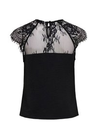 Top noir sans manches avec empiècement en dentelle transparente et manches courtes, motif floral en dentelle et fermeture à boutons au niveau de l'encolure dos.