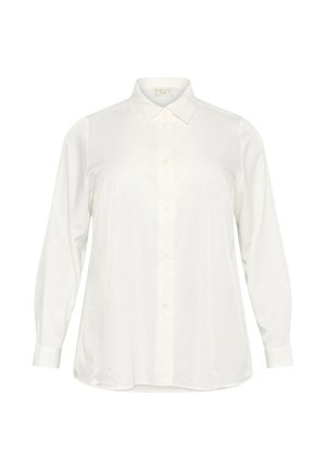 Weiße Hemdbluse aus leichtem Material mit einem dezenten Glanz, ausgestattet mit langen Ärmeln, einem klassischen Kragen und kleinen, verstreuten Verzierungen.
