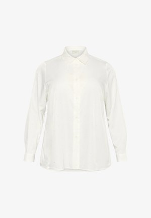 White button-up shirt in lightweight fabric with a subtle sheen, featuring long sleeves, a classic collar, and small, scattered embellishments.