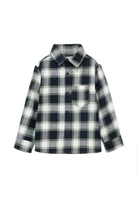 Ruudullinen paita tumman vihreänä, mustana ja valkoisena; pitkähihaiset, napit edessä, kaulus ja rintatasku. Valmistettu teksturoidusta kankaasta.