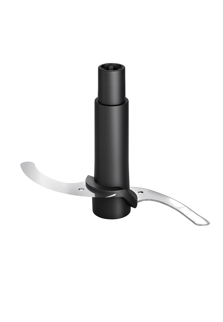 Zwarte plastic voedselprocessoraccessoire met roestvrijstalen messen die uitsteken vanuit een cilindrische basis, met een ronde opening aan de bovenkant.