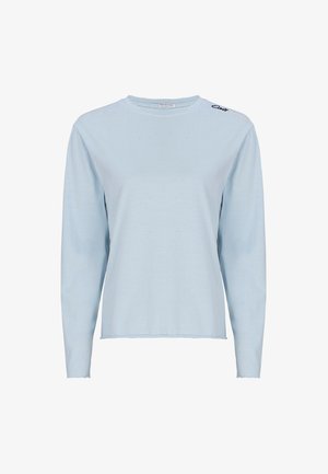 Lichtblauw shirt met lange mouwen en ronde halslijn, effen textuur en een gestikt logodetail vlak bij de schouder. Zachte, lichtgewicht stof.