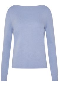 Ljusblå långärmad stickad tröja med ribbade muddarna och rund halsringning, visad mot en vit bakgrund.