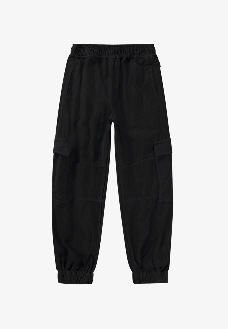 Mustat cargo-housut, joissa on elastinen vyötärö, kaksi sivutaskua ja yksi sivupatch-tasku. Valmistettu pehmeästä kankaasta, rento ja kapeampi istuvuus.