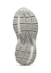 Szara gumowa podeszwa buta z szczegółowym wzorem bieżnika, z rowkami i wypustkami zapewniającymi przyczepność oraz wytłoczonym logo w pobliżu pięty.