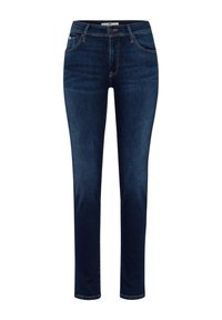 Dark blue denim jeans with a slim fit. Features a mid-rise waistband, five pockets, and contrast stitching. Smooth texture with slight fading.