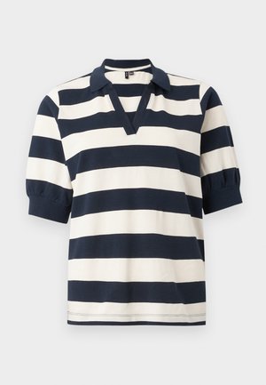 Polo en coton à rayures avec des rayures horizontalement blanches et marines, manches courtes bouffantes, décolleté en V et col à côtes.