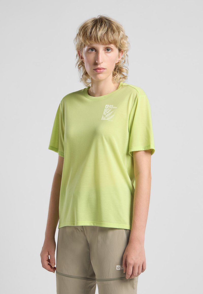 Kurzärmliges t-shirt in Limettengrün aus weichem Stoff, mit einem kleinen grafischen Druck im oberen linken Brustbereich.