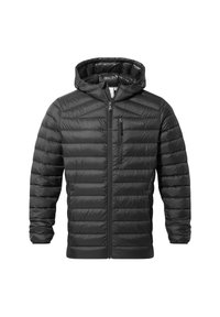 Black puffy jacket made of synthetic material features a zipper closure, hood, and horizontal quilted pattern. Includes one chest pocket.