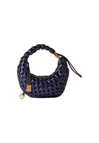 Gewebte Handtasche aus dunkelblauem Leder mit einem klobigen geflochtenen Griff, ausgestattet mit goldfarbener Hardware und einem Reißverschluss mit einer dekorativen Quaste.