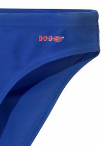 Blaue Schwimmslips mit einer glatten, dehnbaren Textur. Merkmale des roten 'H.I.S'-Logos am Bund und eine saubere Nahtführung entlang der Kanten.