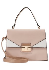 Strukturovaná kabelka ve světle růžové a bílé umělé kůži, s kovovým zlatým zapínáním, horním madlem a odnímatelným ramenním popruhem.