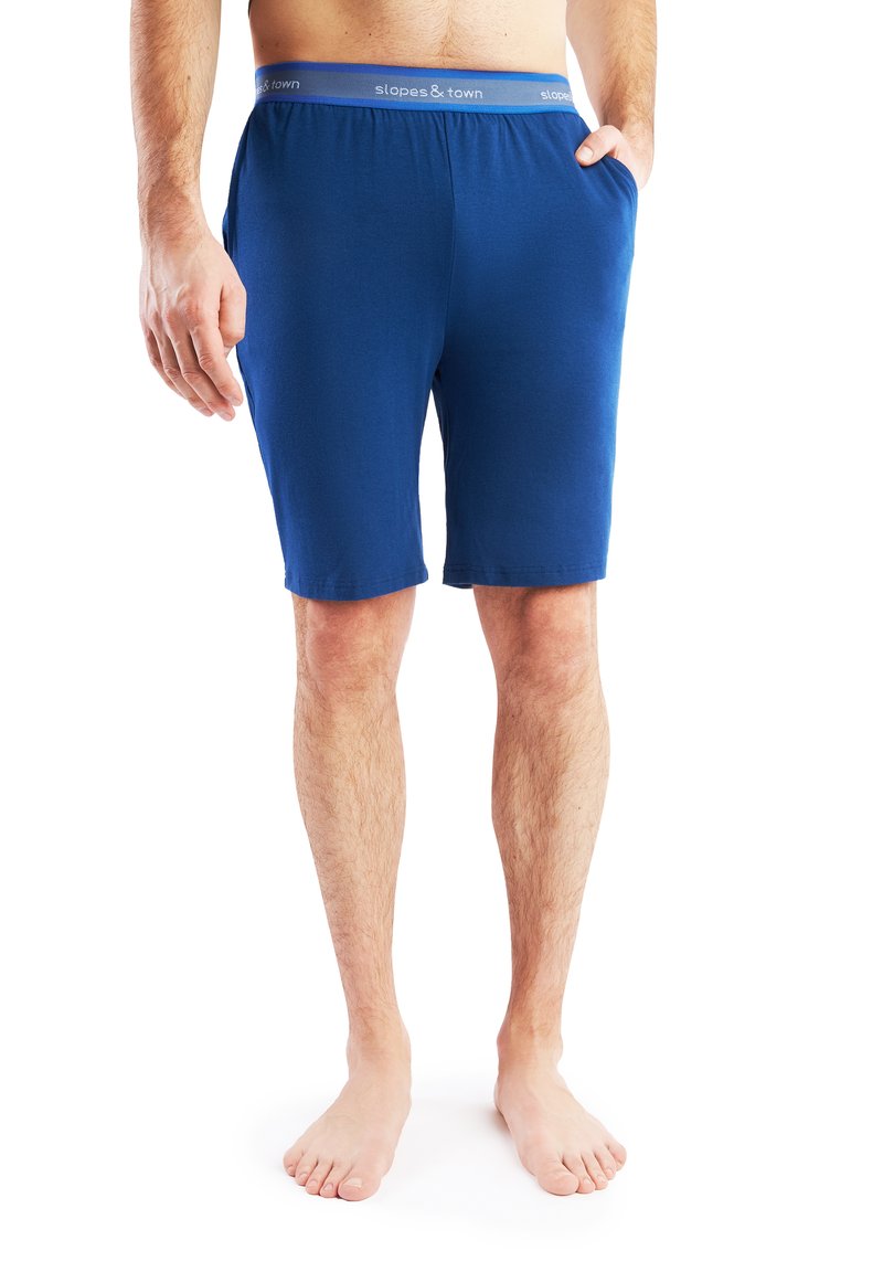 Blauwe katoenen shorts met een elastische tailleband, voorzien van een logo in grijs. Inclusief zijzakken en een knielange snit, met een vlakke zoom.