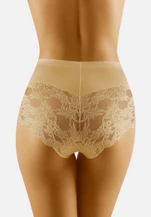 Beige kanten hipsteronderbroek met een gladde voorkant en ingewikkelde florale kantdetails aan de achterkant, met een hoogtem ontwerp.