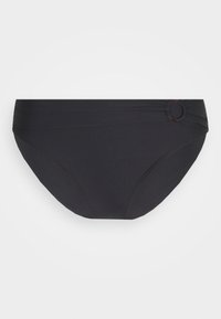 Juodas bikini apatinis trikotažas, pagamintas iš lygaus, tampraus audinio. Yra surinktos šoninės detalės su apvaliu akcentu. Pilno padengimo dizainas.