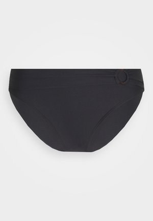 Czarny dół bikini wykonany z gładkiego, elastycznego materiału. Posiada zebraną dodatkową warstwę po bokach z okrągłym detalem. Pełne pokrycie.