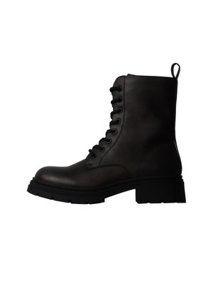 Black leather lace-up combat boot with thick sole and pull tab at the back, shown in side view on white background.