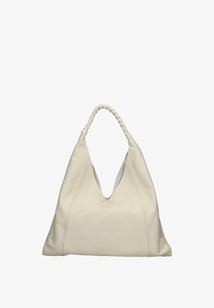 Grande borsa a spalla in pelle bianca con manico intrecciato e un distintivo taglio a forma di V. Texture morbida con dettagli di branding minimi.