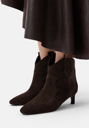 Stivaletti in suede marrone con punta appuntita, dettagli a taglio e tacco basso. Superficie testurizzata ed elegante silhouette.