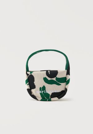 Kleine Stoffhandtasche mit grünem, schwarzem und beigem abstraktem Blumenmuster und kurzem grünem Henkel, Markenname auf der Vorderseite.