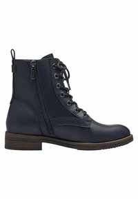 Bottes à lacets en cuir bleu marine, avec fermeture éclair sur le côté et finition texturée. Talon empilé avec une semelle en caoutchouc rainurée pour une meilleure traction.