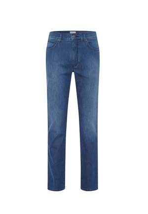 Klassische blaue Denim-Jeans, mit geradem Bein, mittlerer Waschung, fünf Taschen, Gürtelschlaufen und einem einfachen Knopfverschluss.