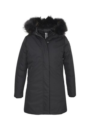 Parka nera isolata con cappuccio in pelliccia sintetica removibile, chiusura con zip frontale e tasche laterali. Tessuto esterno liscio, design fino al ginocchio.