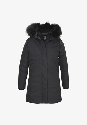 Parka nera isolata con cappuccio in pelliccia sintetica removibile, chiusura con zip frontale e tasche laterali. Tessuto esterno liscio, design fino al ginocchio.