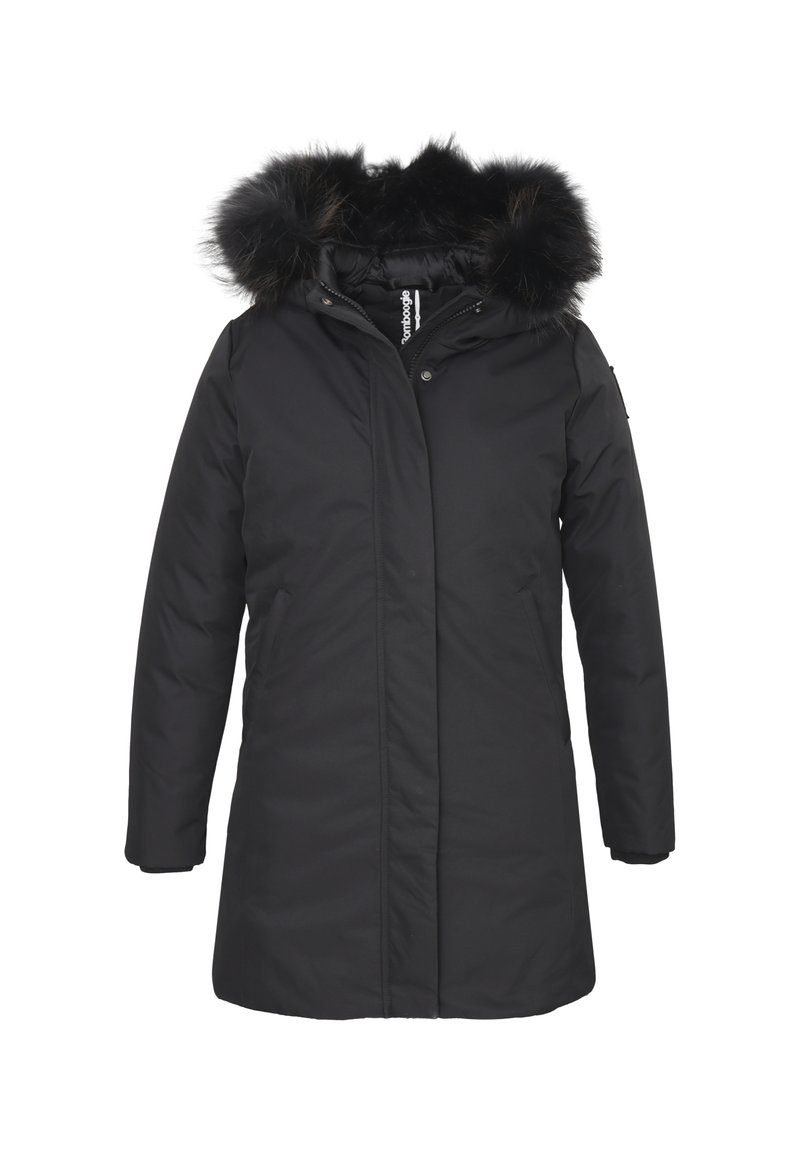 Parka nera isolata con cappuccio in pelliccia sintetica removibile, chiusura con zip frontale e tasche laterali. Tessuto esterno liscio, design fino al ginocchio.