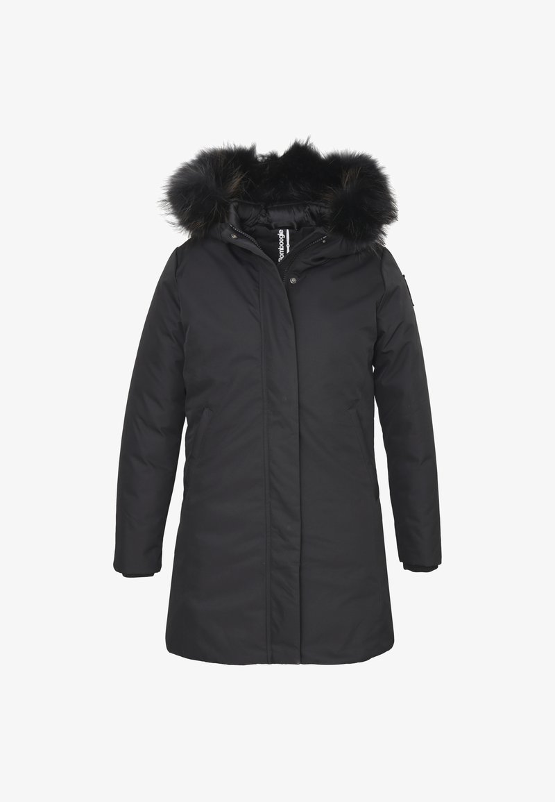 Parka nera isolata con cappuccio in pelliccia sintetica removibile, chiusura con zip frontale e tasche laterali. Tessuto esterno liscio, design fino al ginocchio.
