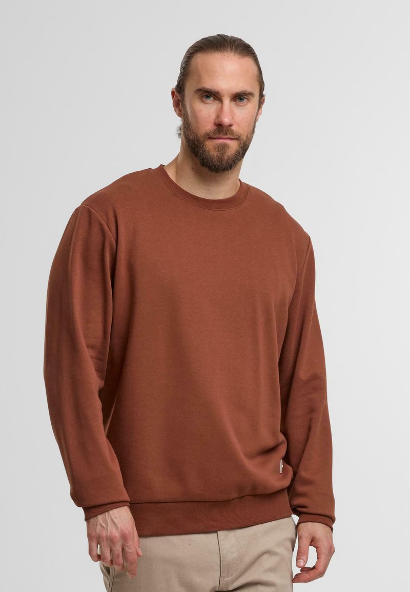 Bruine sweatshirt gemaakt van zacht stof, met een ronde hals en lange mouwen. Subtiele geribbelde manchetten en zoom met een relaxte pasvorm.