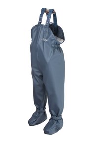 Waterproof children's overalls in dark blue, made from smooth, flexible material, featuring adjustable straps and integrated boot covers.