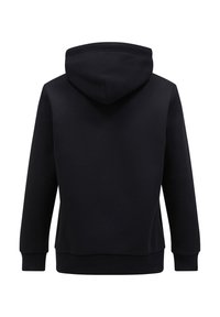Felpa nera con una texture morbida, dotata di cappuccio con coulisse, polsini a costine e un design semplice. Nessun marchio o motivo visibile.
