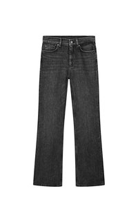 Black denim jeans with a straight leg cut, five-pocket design, and metal button closure. Features subtle fading and stitching details.