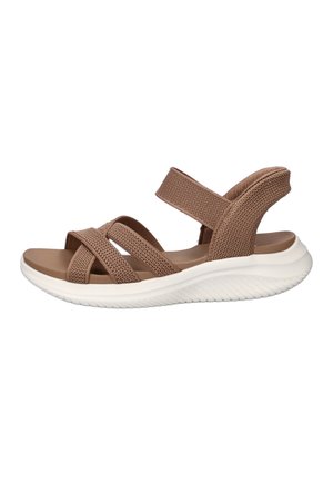 Brown open-toe sandal with three fabric straps and thick white textured sole, designed for casual wear and comfort.