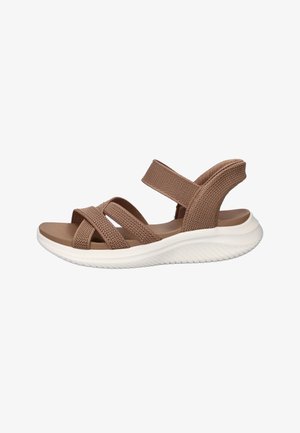 Brown open-toe sandal with three fabric straps and thick white textured sole, designed for casual wear and comfort.