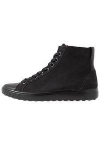 Black high-top sneakers made of suede with a smooth leather toe. Features round laces, metal eyelets, and a textured rubber sole.