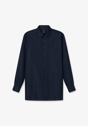 Navy blue long-sleeve shirt in smooth fabric, featuring a classic collar, button-down front, single chest pocket, and straight cut.