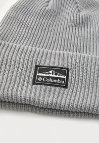 Gray knit beanie with ribbed texture, featuring a black rectangular patch with a mountain design and "Columbia" logo.