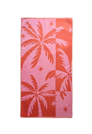 Strandhåndklæde med pink og orange blokfarvet design med store palmer og stjernemønstre.