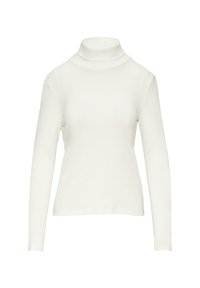 Witte, lange mouwen turtleneck top van zachte stof. Heeft een aansluitende pasvorm met een hoge hals en naadloze schouderconstructie.