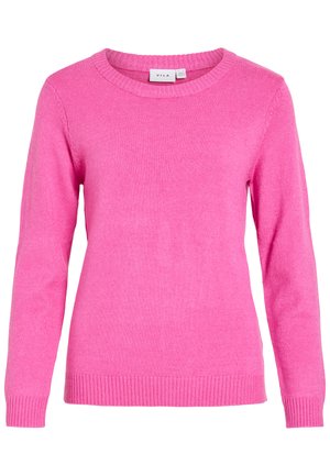 Knallpinker langärmeliger Strickpullover mit Rundhalsausschnitt und gerippten Bündchen sowie Saum, im Kragen mit "VILA"-Etikett versehen.
