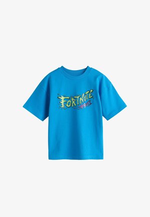 Sininen puuvillainen T-paita, jossa on lyhyet hihat ja pyöreä pääntie. Paidassa on grafiikkateksti "FORTNITE" keltaisena ja vaaleanpunaisena sulamisefektillä.