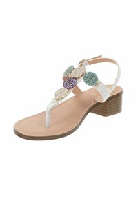 Sandale tongs blanche avec un petit talon en bois, décorée d'accents circulaires colorés et texturés en violet, bleu et or sur la sangle supérieure.