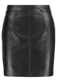 Svart läderkjol med en åtsittande design, slät textur, subtila plisseringar och en central söm. Har en midja med dragkedjestängning.