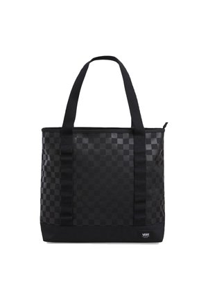 Zwarte totebag met donker geruit patroon, lange handvatten, ritssluiting bovenaan en klein Vans-logo patch rechtsonder.