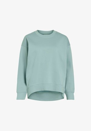 Light blue crewneck sweatshirt with long sleeves and slightly longer back hem, ribbed cuffs and collar, subtle sleeve embroidery.