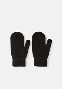 Mittens pretas tricotadas com punho canelado, apresentando um design de ponta arredondada e uma textura suave para calor e conforto.