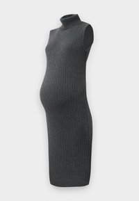 Tamsiai pilka nėščiųjų suknelė su megztu kaklu, dirižiu tekstūra, be rankovių dizainu ir prisitaikančiu siluetu.