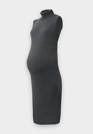 Dunkelgraues gestricktes Umstandskleid mit einem Rollkragen, ribbeliger Textur, ärmellosem Design und figurnaher Silhouette.